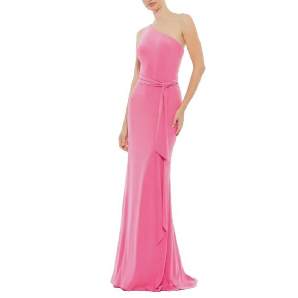 NWT Mac Duggal 26581 Pink Jersey One Shoulder Belted Trumpet Gown Womens Size 6